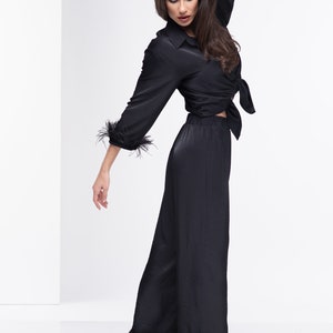 Black Pants with Feathers, Elastic Band Pants, Formal Trousers, Elegant Pants, Extravagant High Waist Pants, Plus Size Pants, Black Trousers image 5