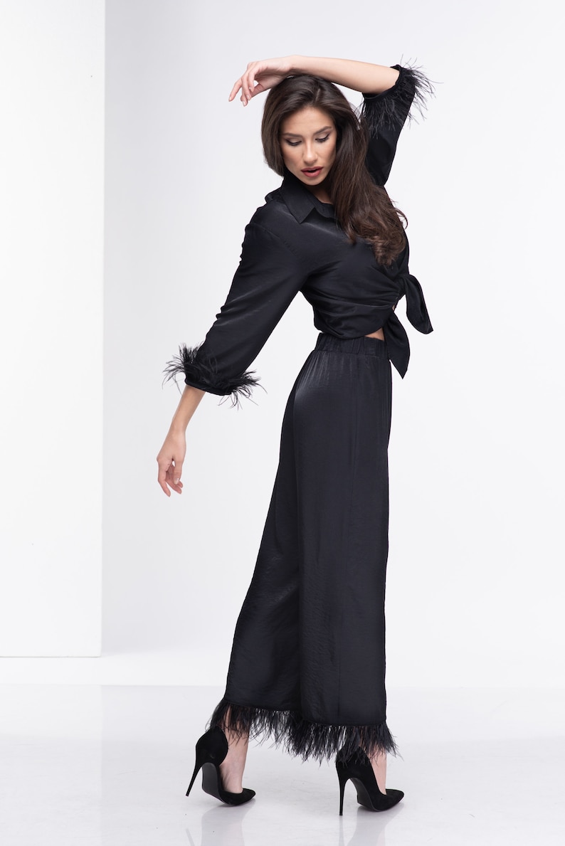 Black Pants with Feathers, Elastic Band Pants, Formal Trousers, Elegant Pants, Extravagant High Waist Pants, Plus Size Pants, Black Trousers image 5