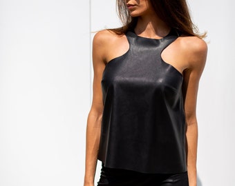 Black Top, Leather Top, Plus Size Clothing, Sexy Black Top, Eco Leather Clothing, Plus Size Top, Minimalist Top, Futuristic Clothing