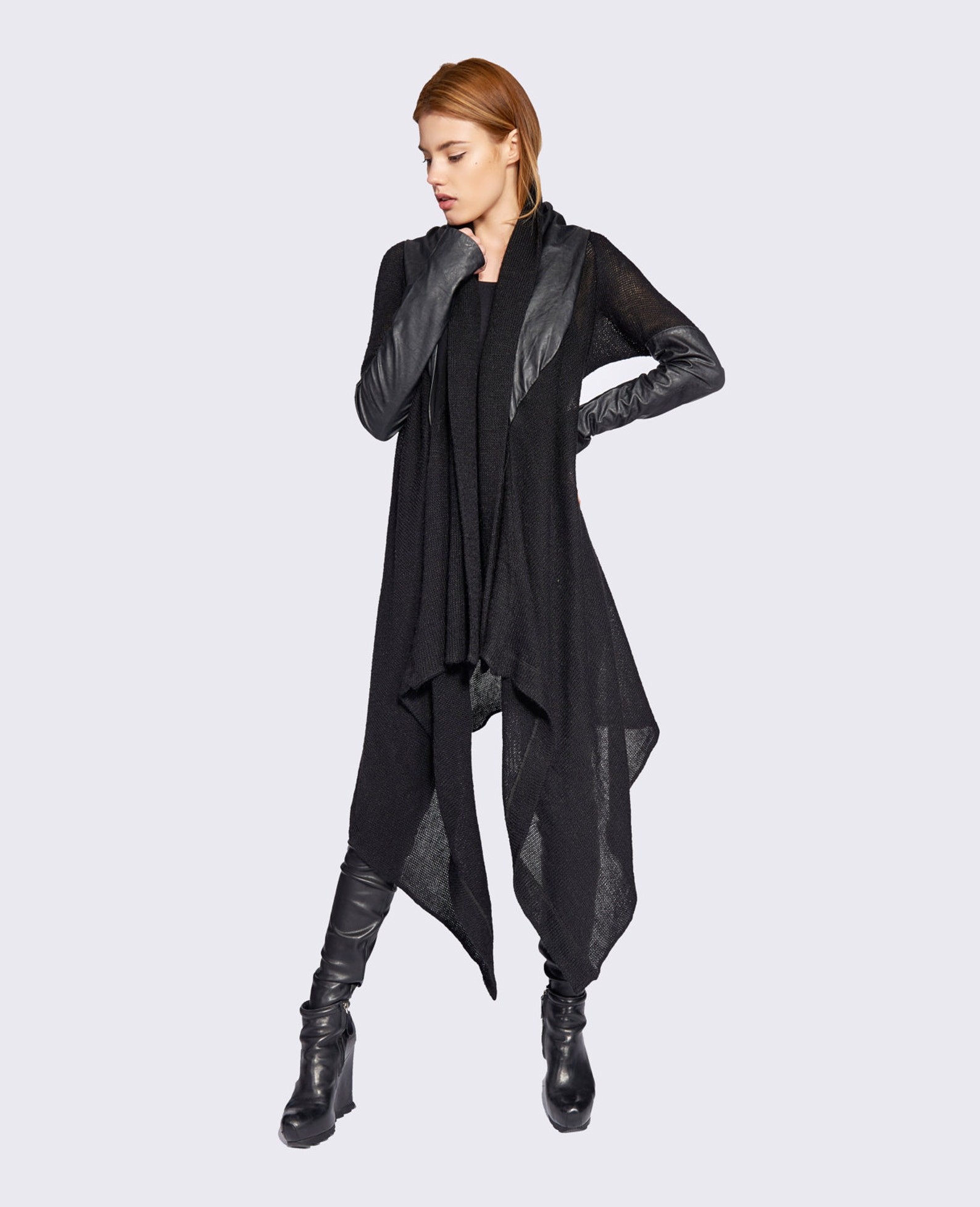 Black Knit Cardigan With Faux Leather Hood Long Black Etsy
