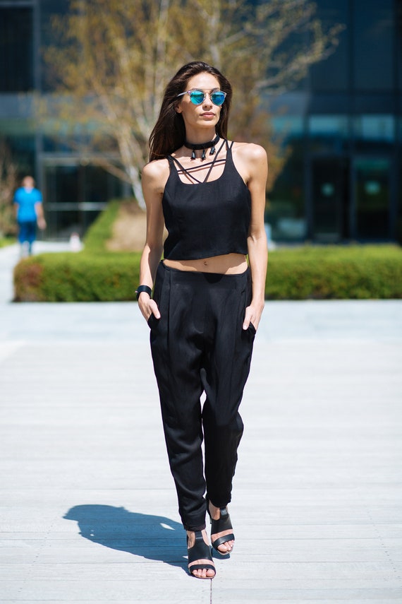 black linen plus size pants