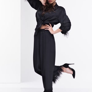 Black Pants with Feathers, Elastic Band Pants, Formal Trousers, Elegant Pants, Extravagant High Waist Pants, Plus Size Pants, Black Trousers image 4