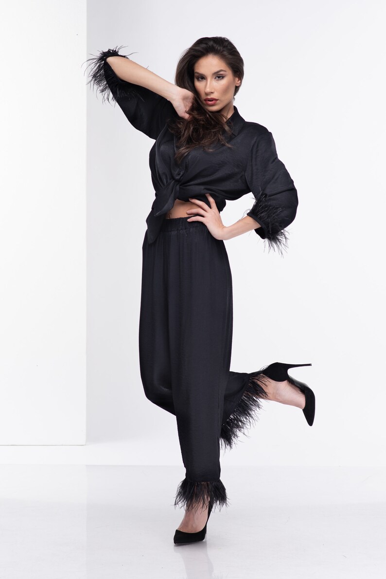 Black Pants with Feathers, Elastic Band Pants, Formal Trousers, Elegant Pants, Extravagant High Waist Pants, Plus Size Pants, Black Trousers image 4