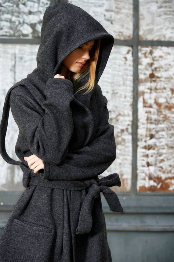 Black Winter Coat, Wool Coat, Black Hooded Coat, Plus Size