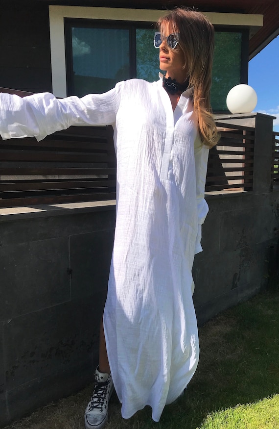 white linen maxi shirt dress