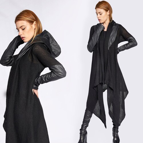 Black Knit Cardigan With Faux Leather 