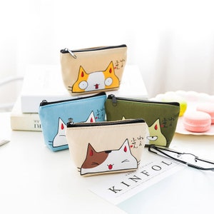 Cute pouch with kawaii cat, mini bag , canvas mini bag, makeup mini purse , mini cosmetic bag, coin pouch, cute pouch for purse