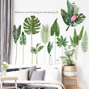 tropical leaf wall decal, self adhesive wall decal, jungle monstera wall décor, wall peel and stick decor, palm wall , decal with quotations
