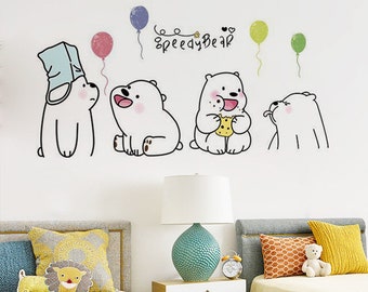 kawaii wall decal, nursery cute kawaii decal, self adhesive cartoon animal mural, peel and stick mural, baby shower gift, kawaii drawing