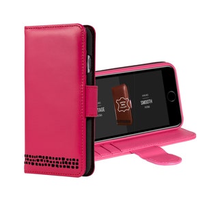 Funda de cuero rosa y negro para iPhone 7 - Piel auténtica - Tapa - Tarjetero - Diseño británico