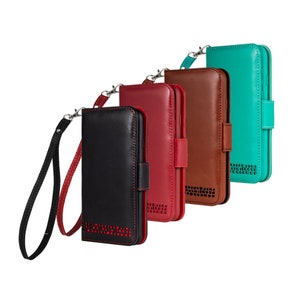 Funda tipo billetera de cuero genuino con correa para la muñeca para iPhone 12