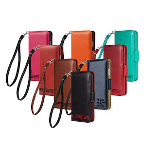 iPhone SE (2022/2020) Funda de cartera de cuero real con correa de cuero para la muñeca