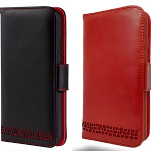 Capa tipo carteira para iPhone 14 Pro Max — 100% couro legítimo — Sistema de proteção quádrupla — Compartimentos para cartão com bloqueio RFID — Função de suporte
