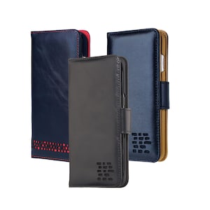 Funda tipo billetera para iPhone 8, color negro - Cuero auténtico de lujo, funda tipo libro, tarjetero, protección RFID gratuita, diseño del Reino Unido, envío gratuito