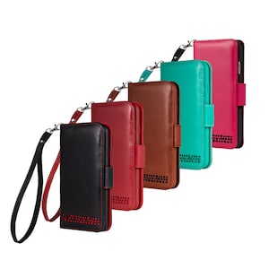 Funda tipo billetera de cuero genuino para iPhone XR con correa para la muñeca