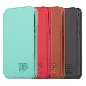 May include: A row of colorful phone cases in mint green, red, brown, and black. Each case is a folio style with a textured surface and a geometric design on the front. The cases are made of a leather-like material.