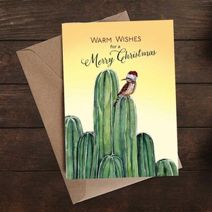 PARA IMPRIMIR: Cartão de votos calorosos de um Feliz Natal, Aquarela, Cartão de felicitações, Arte de parede, Cacto, Arizona, Chapéu de Papai Noel, Deserto, Imprimir em casa