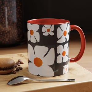 Floral Accent Coffee Mug, Retro Floral Mug, Black and White Flower Cup, Gift for Plant Lovers, Unique Mug for Home or Office