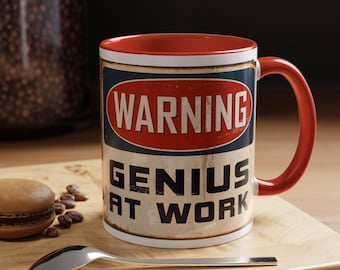 Genius bei der Arbeit Kaffeetasse, Bürogeschenk, Humor Becher, Warnzeichen Becher, kreative Kaffeetasse, einzigartiges Geschenk für Mitarbeiter