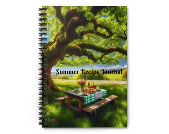 May include: Spiral-bound notebook with the text "Summer Recipe Journal" on the cover. The cover features a picnic scene under a large tree with a table set with food. The scene is set in a green field with a blue sky.
