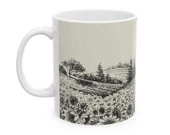 Sunflower Farm Ceramic Mug, Floral Coffee Cup, Nature Lover Gift, Gardener Mug, Farmhouse Kitchen Decor, Unique Handmade Mug, Sunflower