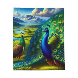 May include: A colourful illustration of two peacocks in a scenic landscape. One peacock displays its iridescent blue and green tail feathers. The background features a river, mountains, and a bright blue sky with fluffy clouds.