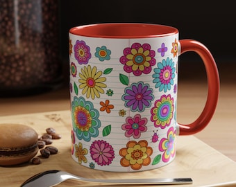 Colorful Floral Accent Coffee Mug, Vibrant Mug for Tea Lovers, Cheerful Morning Cup, Gift for Flower Enthusiasts, Cute Kitchen Decor