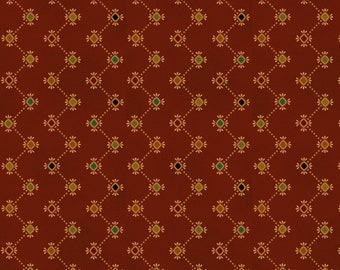 May include: A seamless pattern with a repeating design of small, stylized flowers and geometric shapes in shades of gold, green, red, and black on a dark red background.