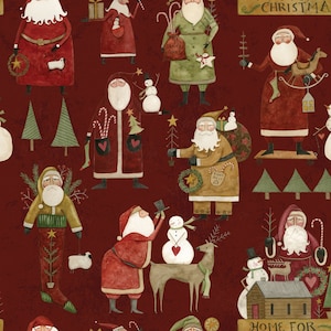 May include: A red background with a repeating pattern of various illustrations of Santa Claus in different poses and outfits. Some Santas are holding gifts, candy canes, or other Christmas-themed items. There are also illustrations of snowmen, reindeer, and Christmas trees.