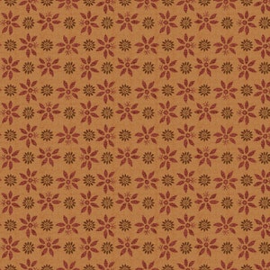 May include: A seamless pattern of brown and red starburst shapes on a light brown background.