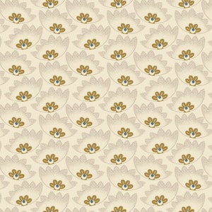May include: A seamless pattern featuring a repeating design of stylized flowers with a light brown outline and a dark brown center. The flowers are arranged in a staggered pattern on a light beige background.