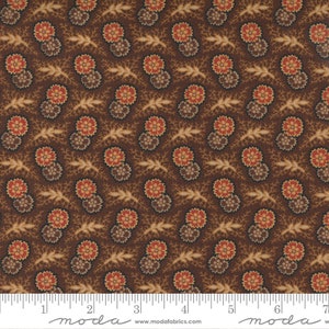 May include: Brown fabric with a repeating pattern of small orange and brown flowers with a single brown leaf. The fabric has a subtle texture and a vintage feel.