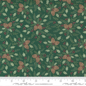 May include: A green fabric with a repeating pattern of pine cones, holly leaves, and red berries. The fabric is ideal for crafting Christmas projects.