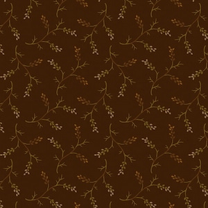 May include: A seamless pattern featuring delicate brown branches with small green and pink leaves on a dark brown background.