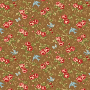May include: A seamless pattern featuring a repeating design of pink roses, green leaves, and blue birds on a brown background.