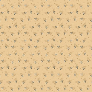 May include: A seamless pattern featuring a repeating design of small blue sprigs on a light beige background.