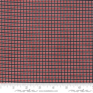 May include: Red and black gingham fabric with a white background. The fabric is woven with a fine grid pattern. The fabric is measured in inches.