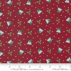 May include: Red fabric with a repeating pattern of white polka dots, blue bells with green holly sprigs, and the text "moda" in black.