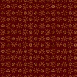May include: A seamless pattern of gold star-shaped flowers on a dark red background.