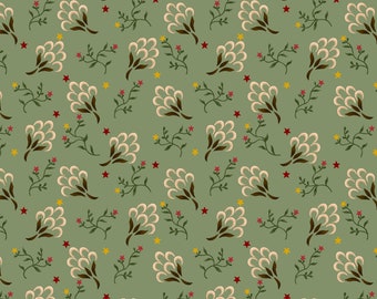 May include: A seamless pattern featuring white stylized flowers with brown stems on a sage green background. The pattern is accented with small red and yellow stars.