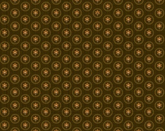 May include: A repeating pattern featuring small, circular designs with a floral motif. The circles are in a light brown color, and the background is a dark olive green. The pattern is evenly spaced and covers the entire surface.
