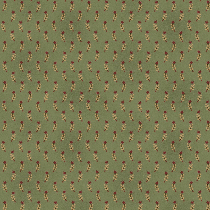 May include: A seamless pattern featuring a repeating design of small, stylized red flowers with green stems on a green background.