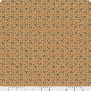 May include: Tan fabric with a repeating pattern of small, stylized floral and dot designs in dark brown and rust colors. The fabric has a vintage or rustic aesthetic, suitable for quilting or crafting projects.
