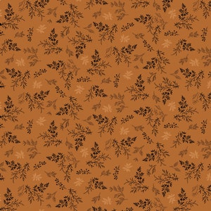 May include: A fabric pattern featuring a repeating design of black sprigs and small dotted branches scattered across a solid burnt orange background. The motif includes delicate leaf clusters and tiny berry-like dots in a consistent layout.