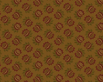 May include: A seamless pattern featuring a repeating design of stylized floral motifs in shades of green and burgundy on a brown background.