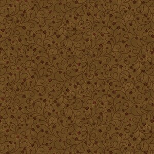 May include: A seamless pattern featuring a repeating design of brown vines with small red flowers on a brown background.