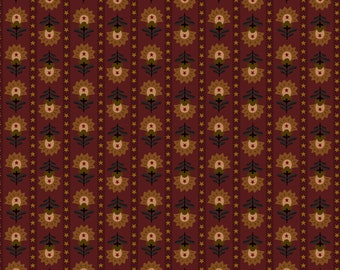 May include: A seamless pattern featuring a repeating design of stylized flowers with red, orange, and green accents on a burgundy background.