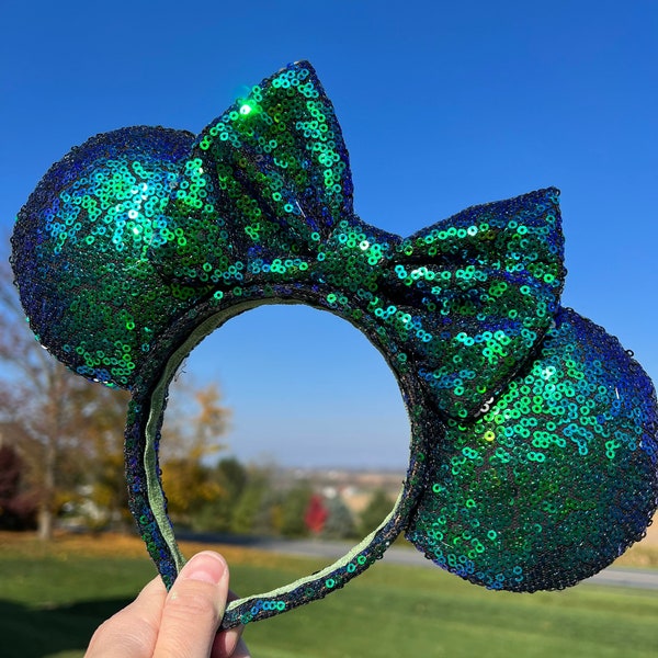 Iridescent Blue and green sequin ears with wrapped headband