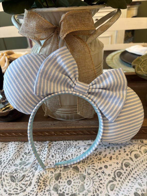 Blue and White Seersucker Ears with covered headband