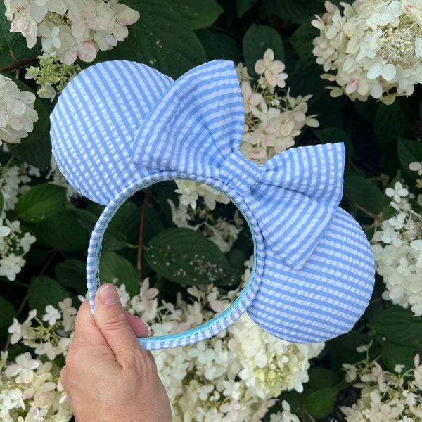 Blue and White Seersucker Ears with covered headband